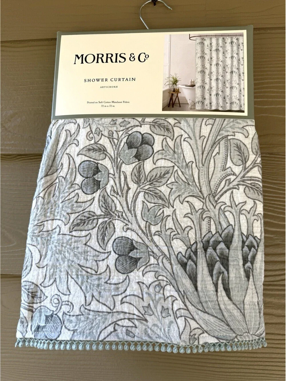 Morris & Co Artichoke Floral Teal Gray Cotton Matelasse Fabric Shower Curtain